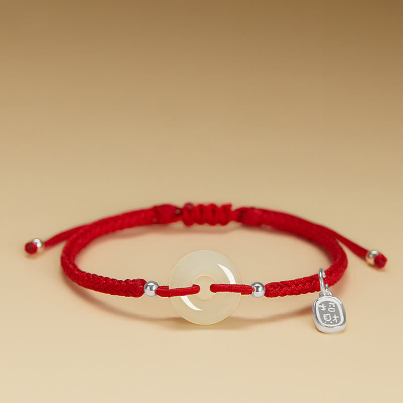 Natural Hetian Jade Peace Buckle Fu Character Protection Luck Braided Bracelet