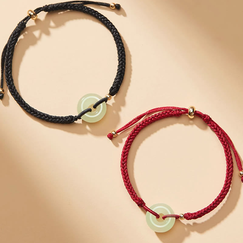 Natural Hetian Jade Peace Buckle Fu Character Protection Luck Braided Bracelet
