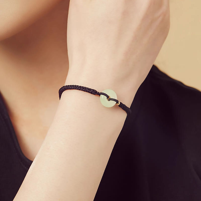 Natural Hetian Jade Peace Buckle Fu Character Protection Luck Braided Bracelet