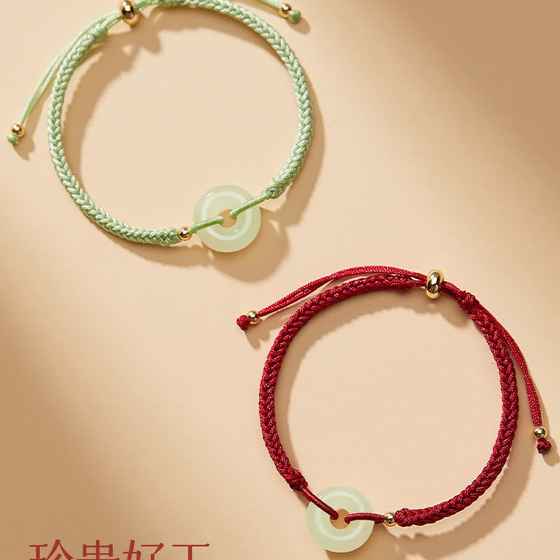 Natural Hetian Jade Peace Buckle Fu Character Protection Luck Braided Bracelet