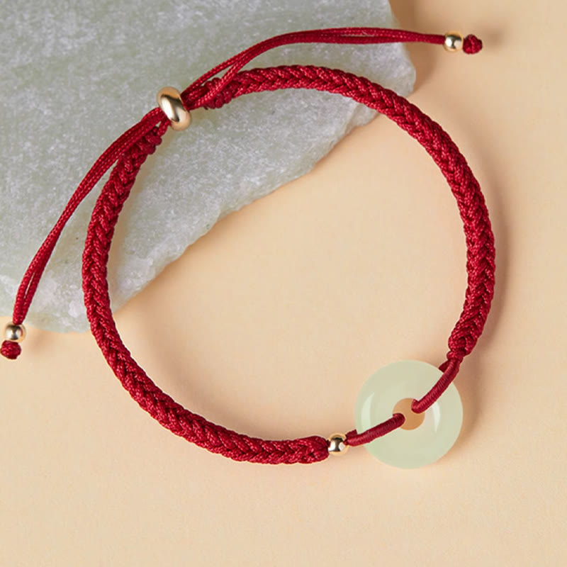 Natural Hetian Jade Peace Buckle Fu Character Protection Luck Braided Bracelet