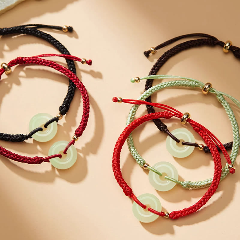 Natural Hetian Jade Peace Buckle Fu Character Protection Luck Braided Bracelet