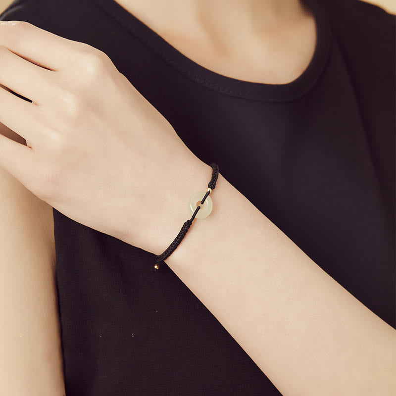Natural Hetian Jade Peace Buckle Fu Character Protection Luck Braided Bracelet