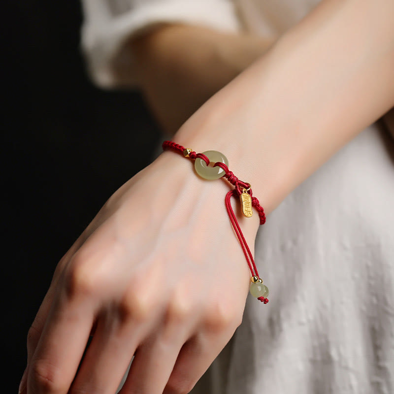 Natural Hetian Jade Peace Buckle Red String Luck Braided Bracelet