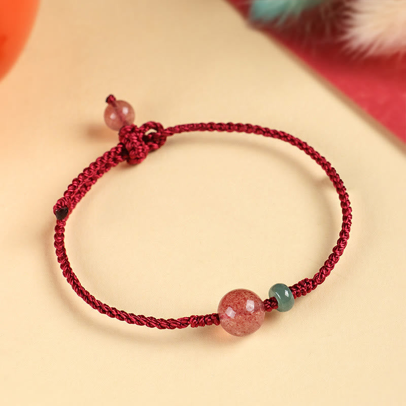 Natural Strawberry Quartz Jade White Agate Red String Positive Bracelet