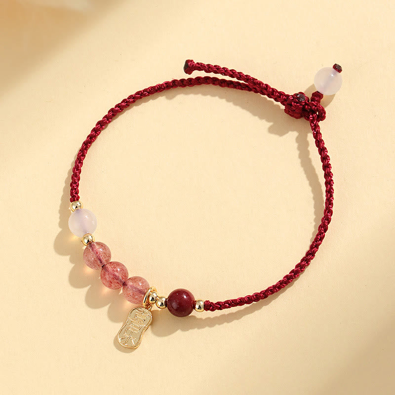 Natural Strawberry Quartz Jade White Agate Red String Positive Bracelet