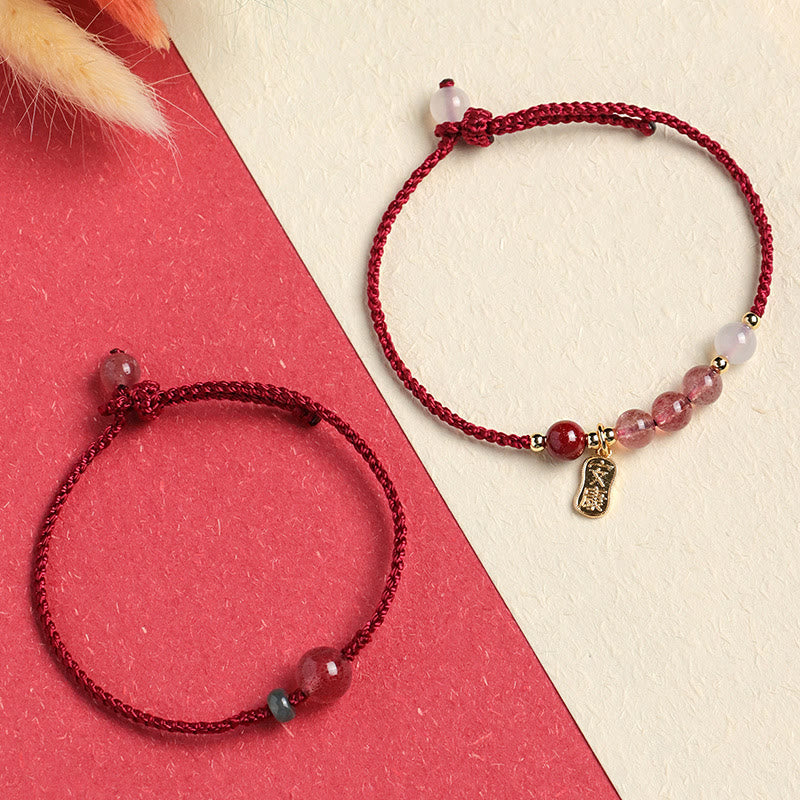 Natural Strawberry Quartz Jade White Agate Red String Positive Bracelet