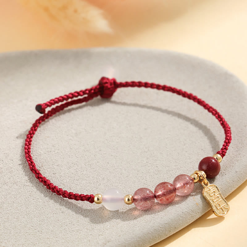 Natural Strawberry Quartz Jade White Agate Red String Positive Bracelet