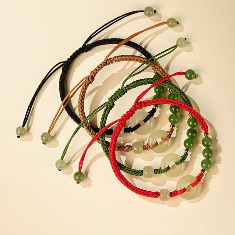 Natural Hetian Jade Peace Buckle Red String Protection Luck Bracelet
