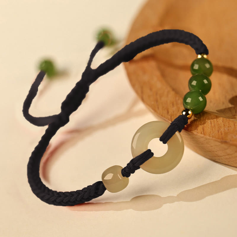 Natural Hetian Jade Peace Buckle Red String Protection Luck Bracelet