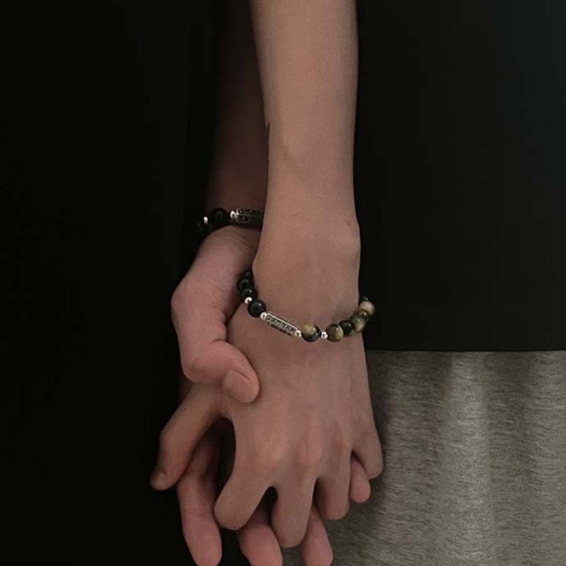 Natural Black Obsidian Tiger's Eye Six True Words 'om Mani Padme Hum' Strength Love Bracelet