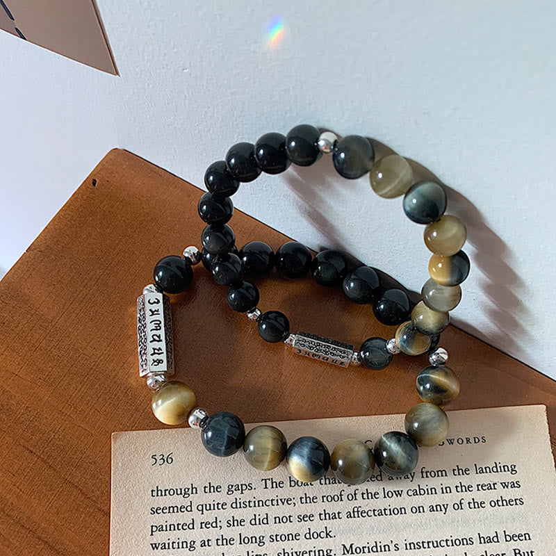 Natural Black Obsidian Tiger's Eye Six True Words 'om Mani Padme Hum' Strength Love Bracelet