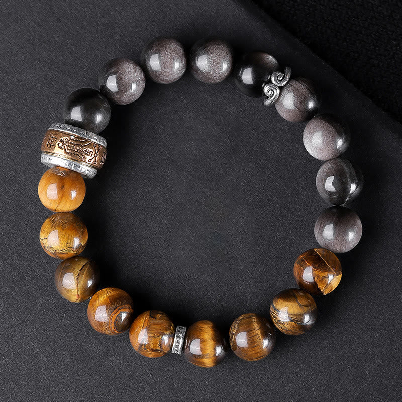Natural Silver Sheen Obsidian Tiger's Eye Six True Words 'Om Mani Padme Hum' Strength Bracelet