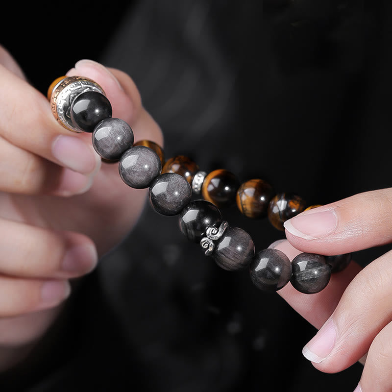 Natural Silver Sheen Obsidian Tiger's Eye Six True Words 'Om Mani Padme Hum' Strength Bracelet