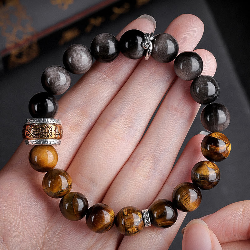 Natural Silver Sheen Obsidian Tiger's Eye Six True Words 'Om Mani Padme Hum' Strength Bracelet