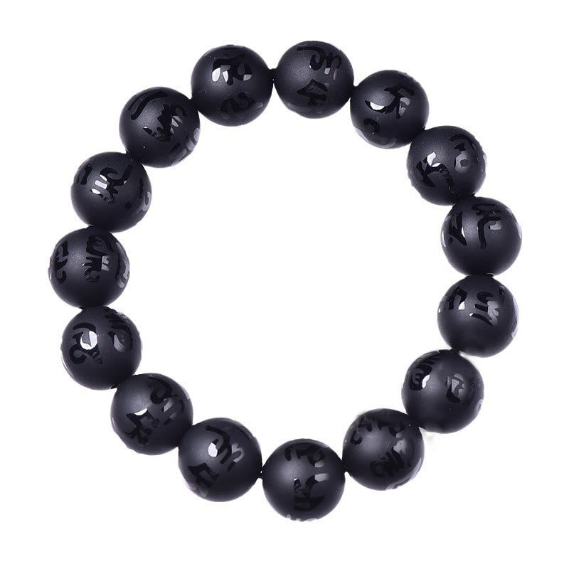 Natural Black Onyx Om Mani Padme Hum Carved Protection Bracelet