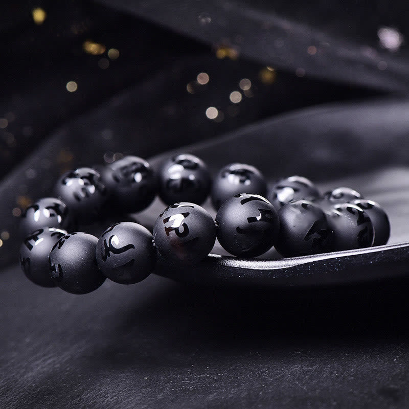 Natural Black Onyx Om Mani Padme Hum Carved Protection Bracelet