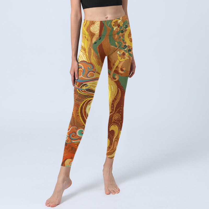 Golden Auspicious Cloud Waves Print Gym Leggings Women's Yoga Pants