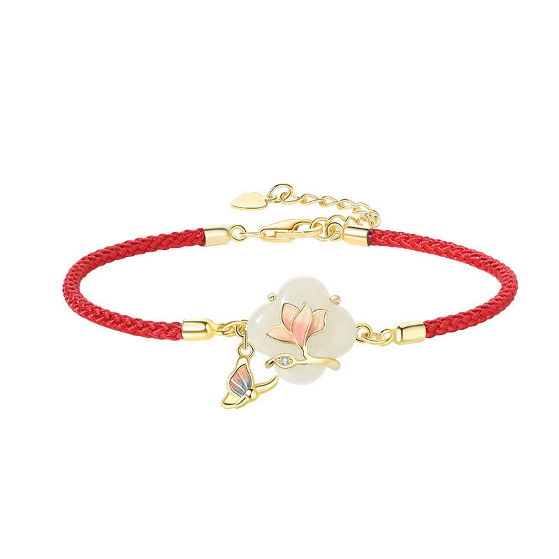 925 Sterling Silver Hetian Jade Magnolia Flower Butterfly Luck Chain Bracelet