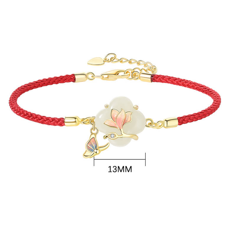 925 Sterling Silver Hetian Jade Magnolia Flower Butterfly Luck Chain Bracelet