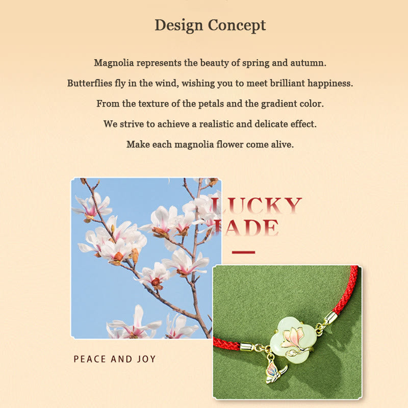 925 Sterling Silver Hetian Jade Magnolia Flower Butterfly Luck Chain Bracelet