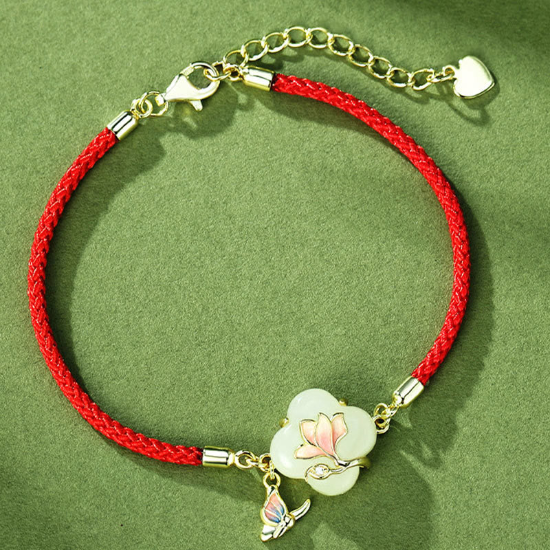 925 Sterling Silver Hetian Jade Magnolia Flower Butterfly Luck Chain Bracelet
