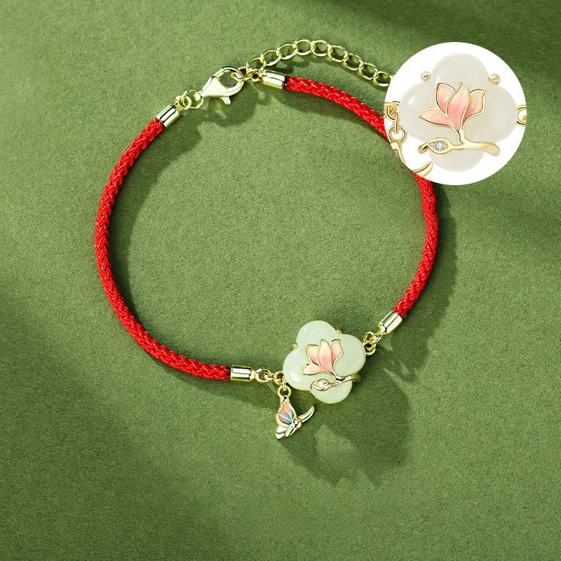 925 Sterling Silver Hetian Jade Magnolia Flower Butterfly Luck Chain Bracelet
