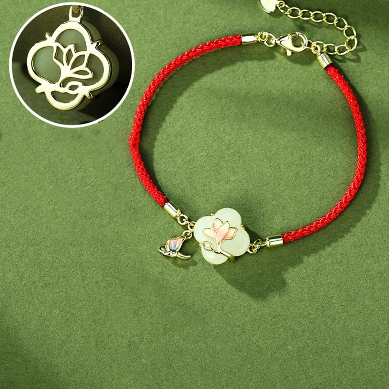 925 Sterling Silver Hetian Jade Magnolia Flower Butterfly Luck Chain Bracelet