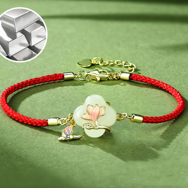 925 Sterling Silver Hetian Jade Magnolia Flower Butterfly Luck Chain Bracelet