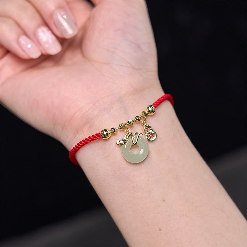 Copper Plated Gold Jade Peace Buckle Fu Character Year Of The Snake Red String Luck Bracelet