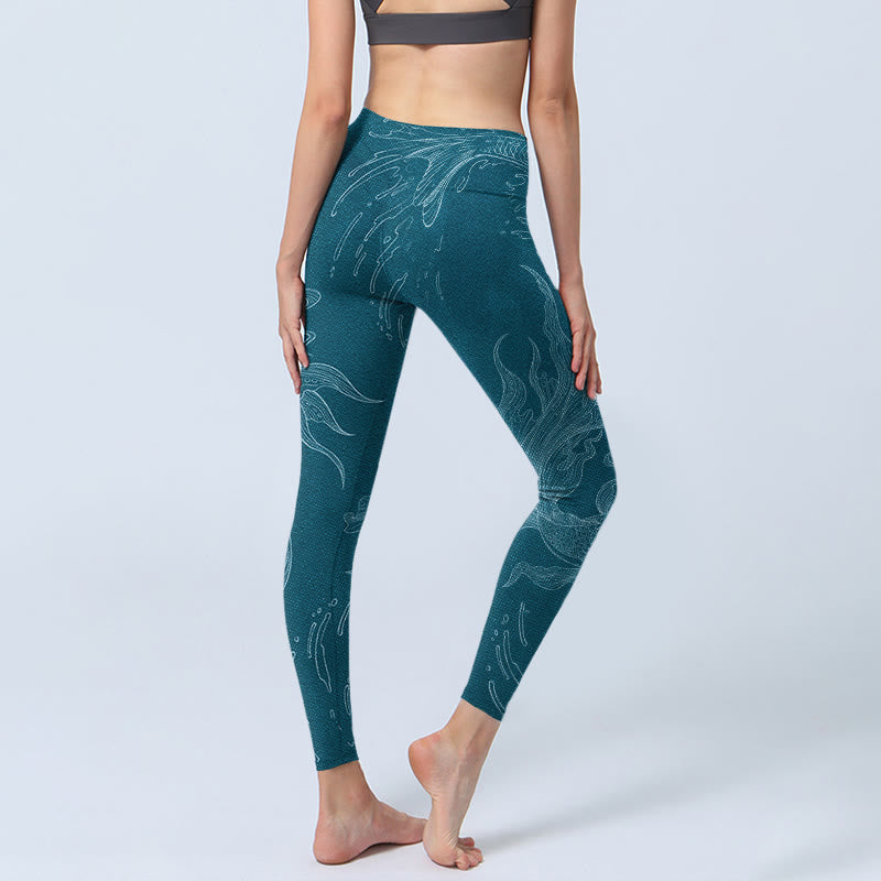 Blue Koi Fish Flowing Waves Print Gym Leggings Women's Yoga Pants