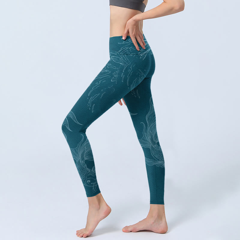 Blue Koi Fish Flowing Waves Print Gym Leggings Women's Yoga Pants