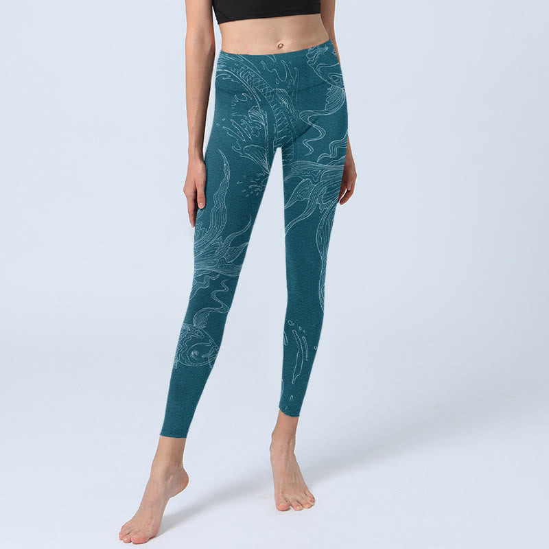 Blue Koi Fish Flowing Waves Print Gym Leggings Women's Yoga Pants