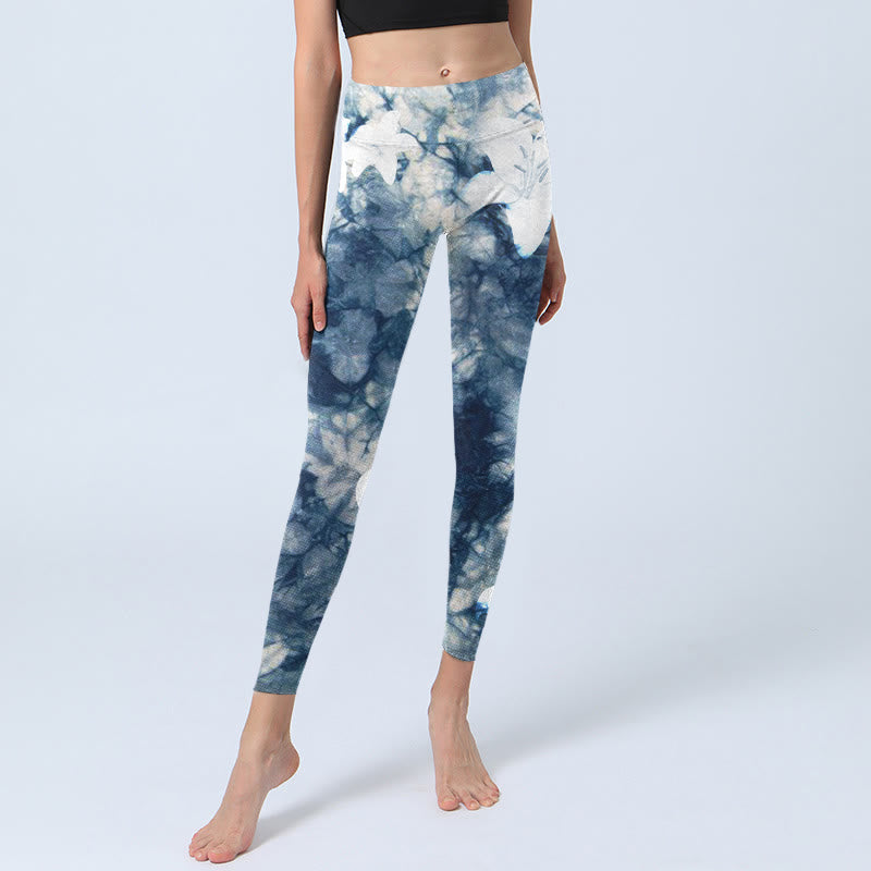 Blue Lily Flowers Watercolor Texture Print Gym Leggings Women's Yoga Pants