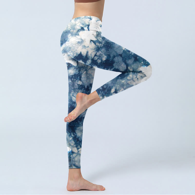 Blue Lily Flowers Watercolor Texture Print Gym Leggings Women's Yoga Pants