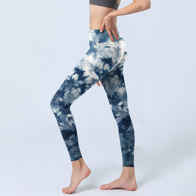 Blue Lily Flowers Watercolor Texture Print Gym Leggings Women's Yoga Pants