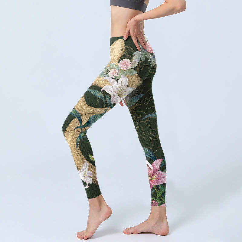 Green Golden Snake Lily Peony Flowers Print Gym Leggings Women's Yoga Pants