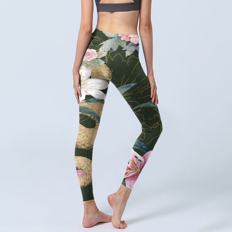 Green Golden Snake Lily Peony Flowers Print Gym Leggings Women's Yoga Pants