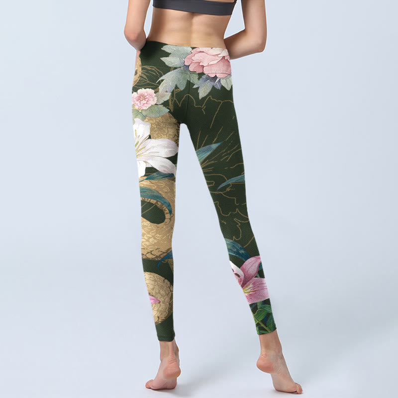 Green Golden Snake Lily Peony Flowers Print Gym Leggings Women's Yoga Pants