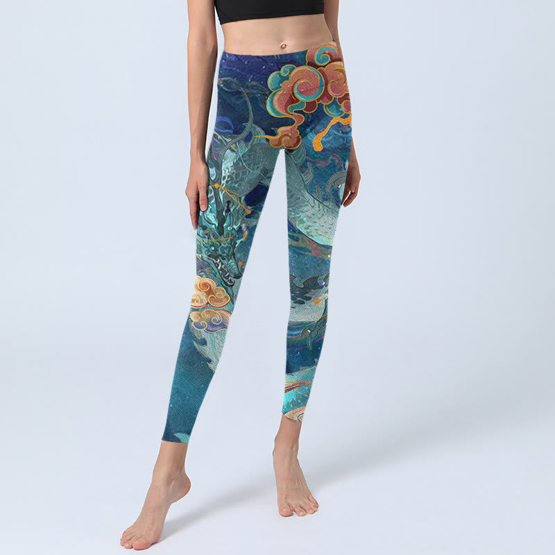 Blue Dragon Auspicious Clouds Print Gym Leggings Women's Yoga Pants