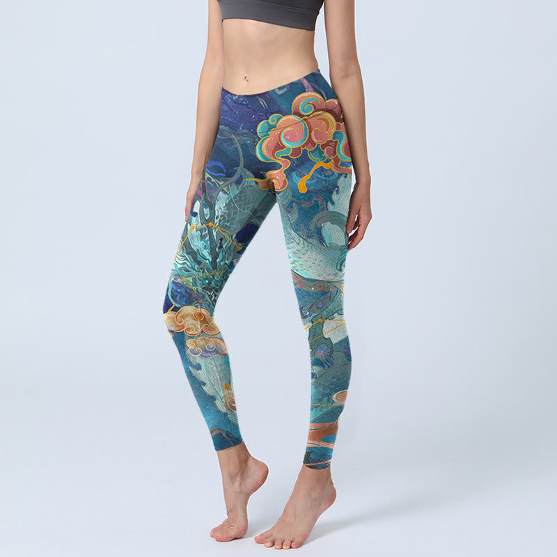 Blue Dragon Auspicious Clouds Print Gym Leggings Women's Yoga Pants