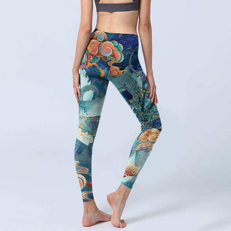 Blue Dragon Auspicious Clouds Print Gym Leggings Women's Yoga Pants
