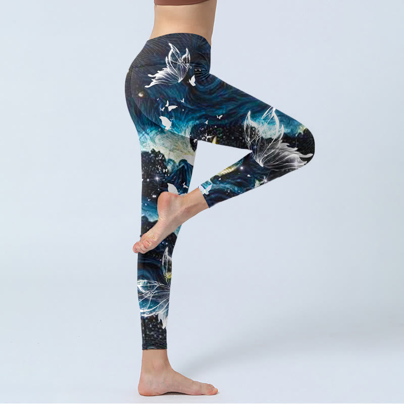 Blue Butterfly Water Waves Moon Print Gym Leggings Women's Yoga Pants