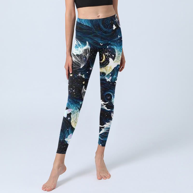 Blue Butterfly Water Waves Moon Print Gym Leggings Women's Yoga Pants