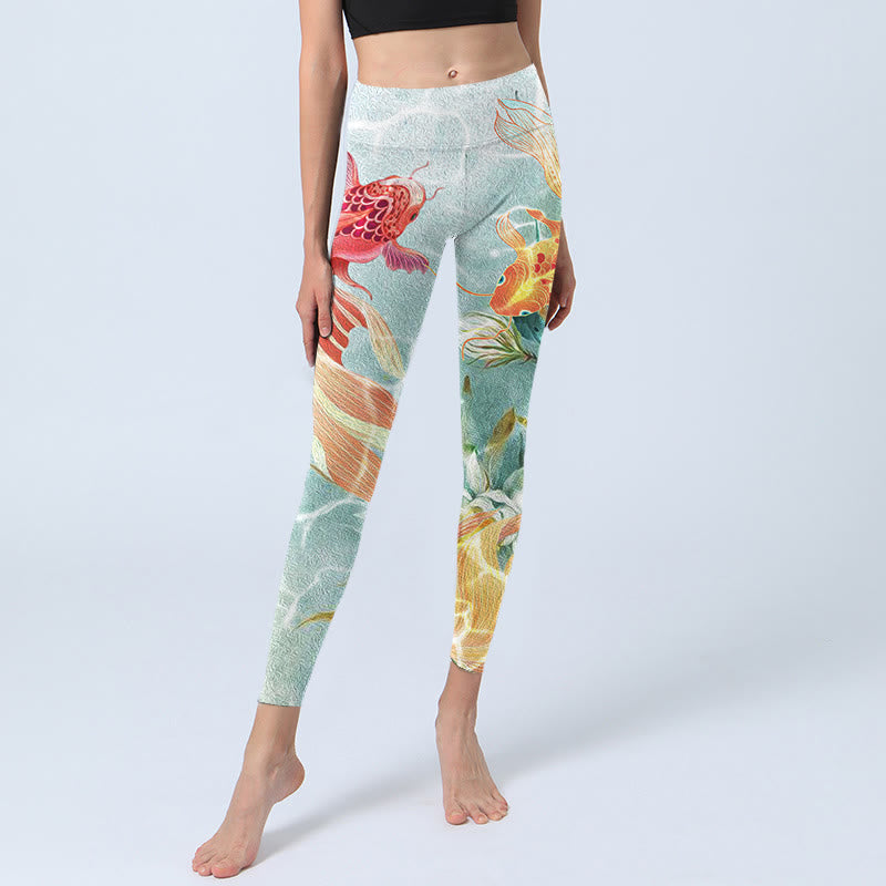 Green Koi Fish White Lotus Water Ripples Print Gym Leggings Women's Yoga Pants