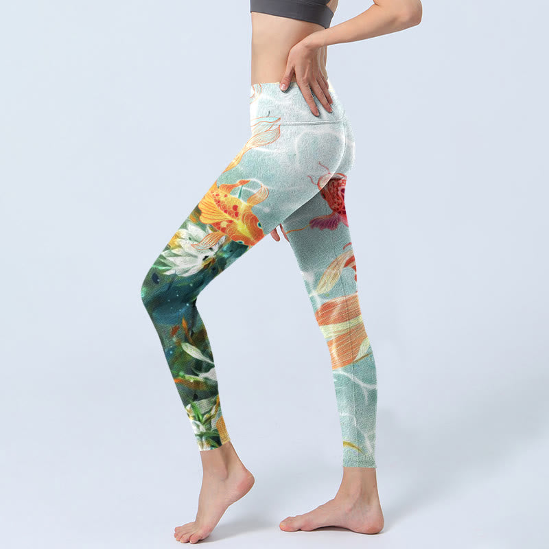 Green Koi Fish White Lotus Water Ripples Print Gym Leggings Women's Yoga Pants
