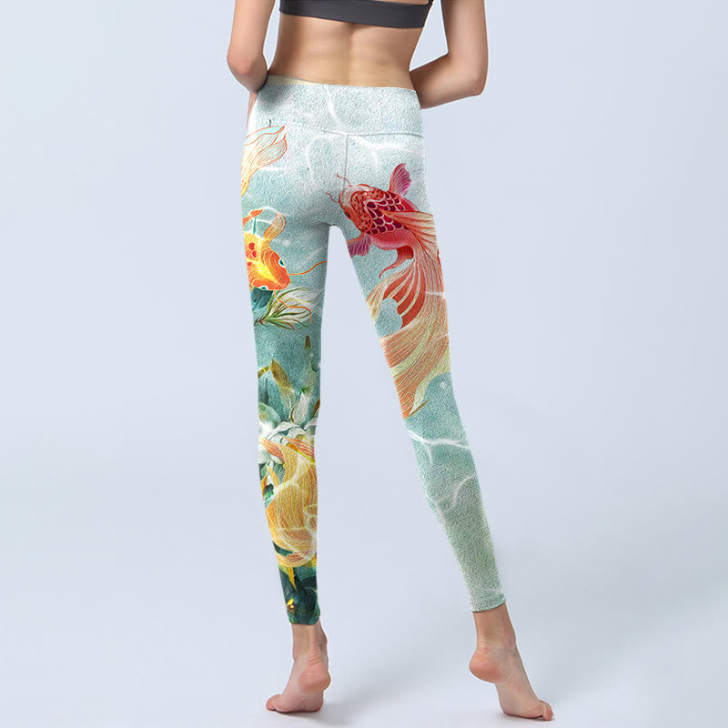 Green Koi Fish White Lotus Water Ripples Print Gym Leggings Women's Yoga Pants