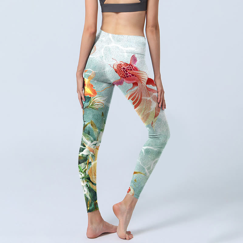 Green Koi Fish White Lotus Water Ripples Print Gym Leggings Women's Yoga Pants