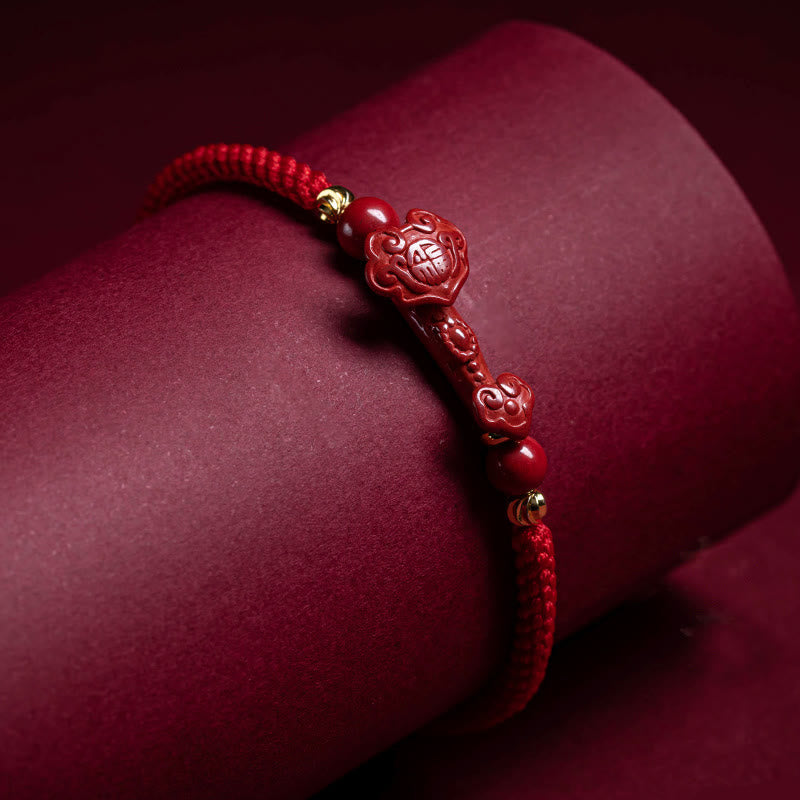 Handmade Cinnabar Ruyi Handle Fu Character PiXiu Blessing Red String Braided Bracelet