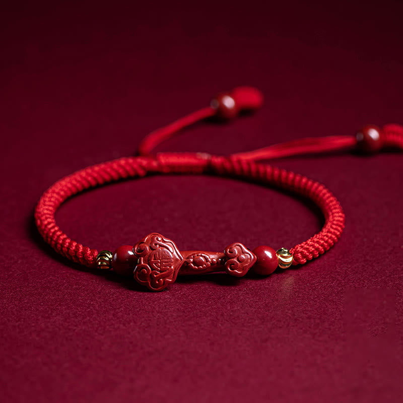 Handmade Cinnabar Ruyi Handle Fu Character PiXiu Blessing Red String Braided Bracelet